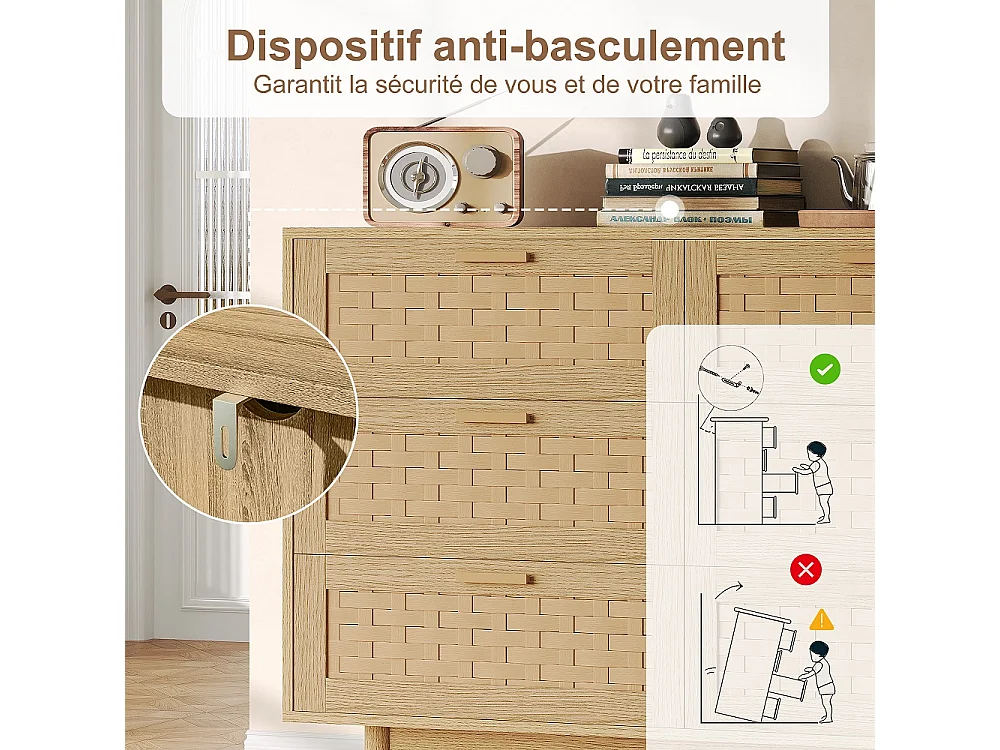 Commode en bois de rattan de style boho avec 6 tiroirs - armoire de rangement de cuisine - armoire d'affichage - couleur chêne