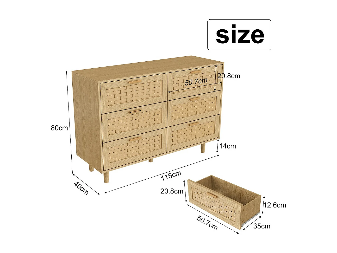 Commode en bois de rattan de style boho avec 6 tiroirs - armoire de rangement de cuisine - armoire d'affichage - couleur chêne