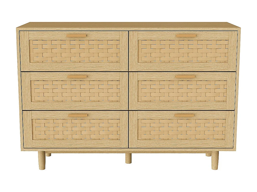 Commode en bois de rattan de style boho avec 6 tiroirs - armoire de rangement de cuisine - armoire d'affichage - couleur chêne