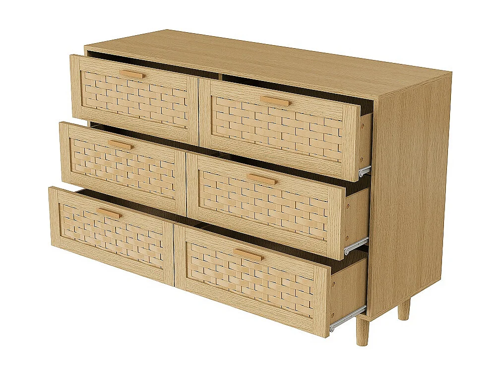 Commode en bois de rattan de style boho avec 6 tiroirs - armoire de rangement de cuisine - armoire d'affichage - couleur chêne