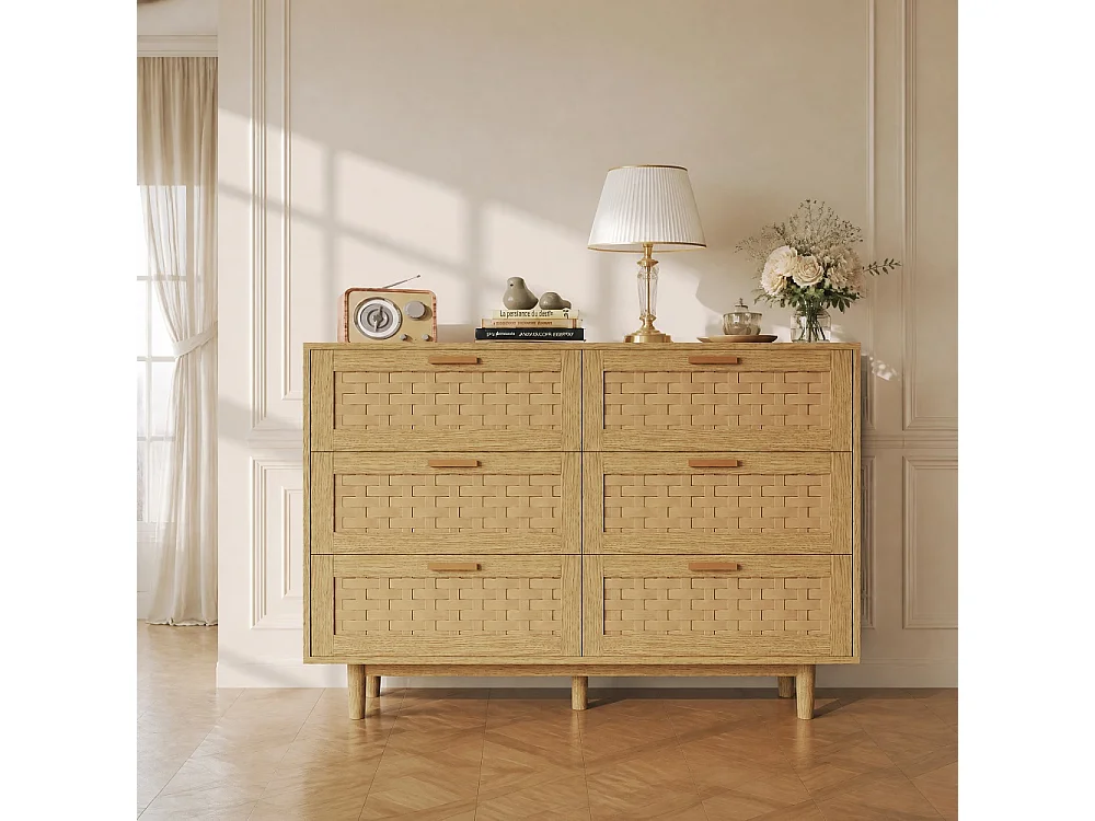 Commode en bois de rattan de style boho avec 6 tiroirs - armoire de rangement de cuisine - armoire d'affichage - couleur chêne
