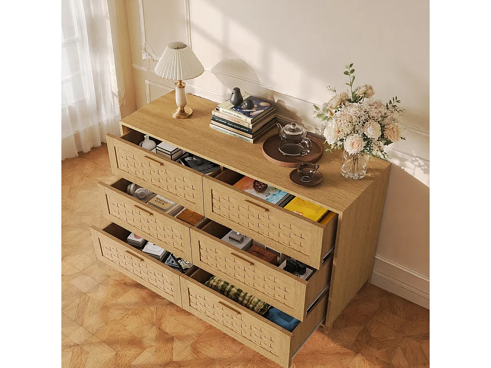 Commode en bois de rattan de style boho avec 6 tiroirs - armoire de rangement de cuisine - armoire d'affichage - couleur chêne