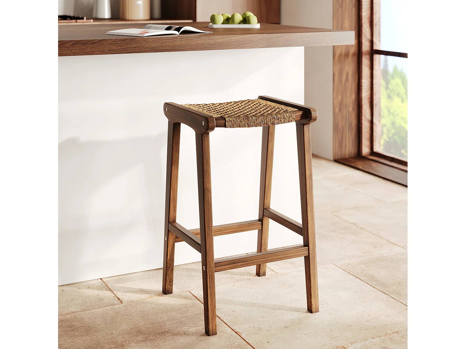 Tabouret pour îlot central 66 cm en teck vernis et tissage synthétique - Omaha