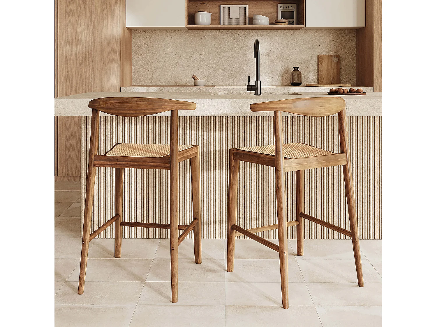 Lot de 2 chaises pour îlot central 64 cm en teck vernis et cannage - Alia