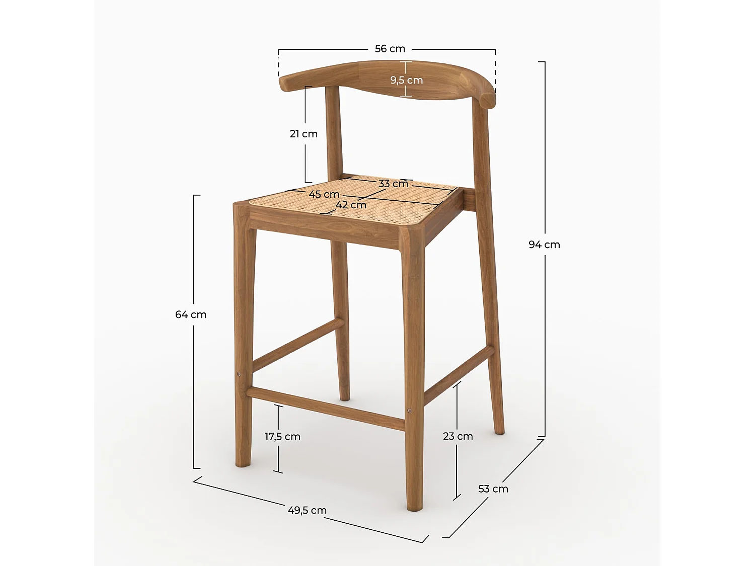 Set di 2 sedie per penisola 64 cm, teak verniciato, intreccio naturale - Alia