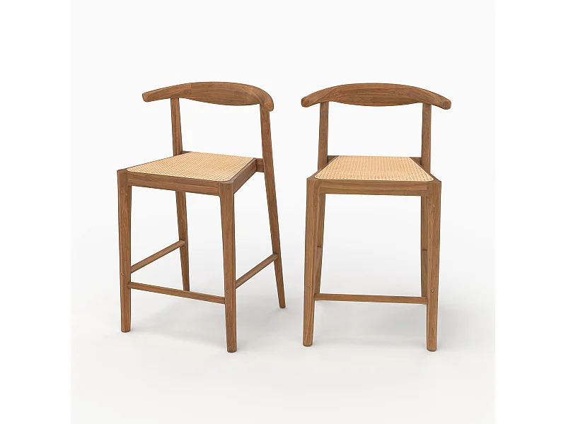 Lot de 2 chaises pour îlot central 64 cm en teck vernis et cannage - Alia