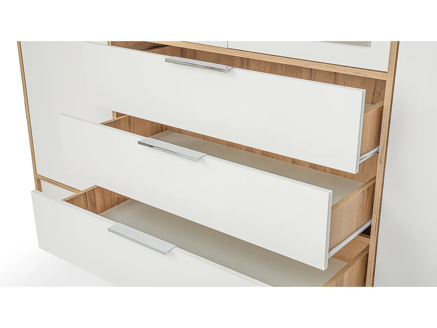 Armoire d'angle 6 portes et 3 tiroirs - Avec miroirs - L302/311 cm - Blanc et naturel - LAMIKI