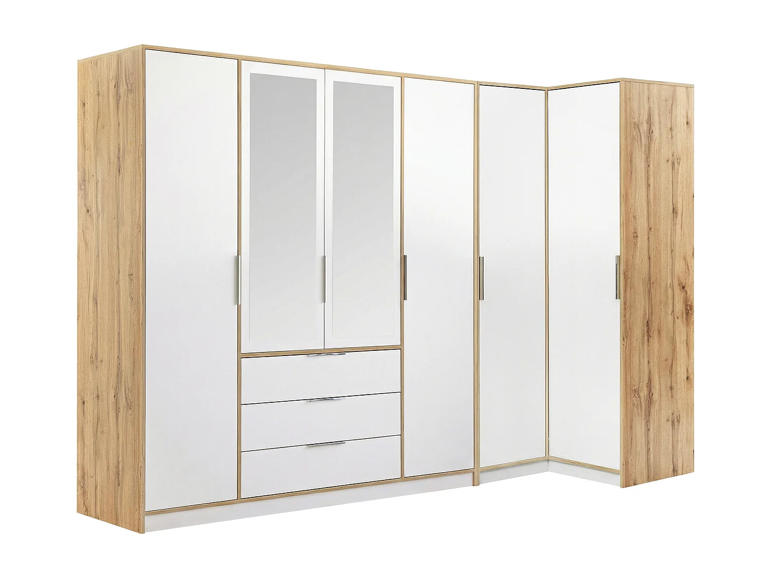 Armoire d'angle 6 portes et 3 tiroirs - Avec miroirs - L302/311 cm - Blanc et naturel - LAMIKI