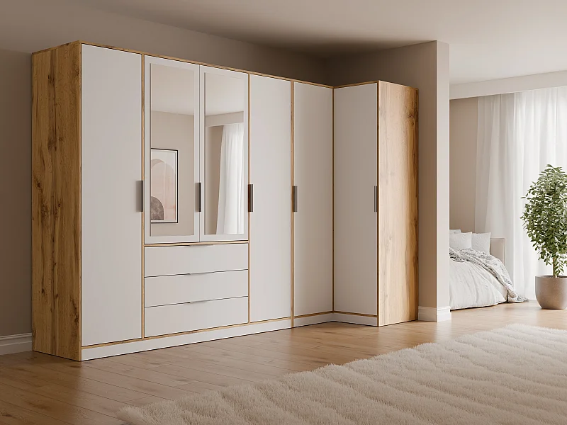 Armoire d'angle 6 portes et 3 tiroirs - Avec miroirs - L302/311 cm - Blanc et naturel - LAMIKI