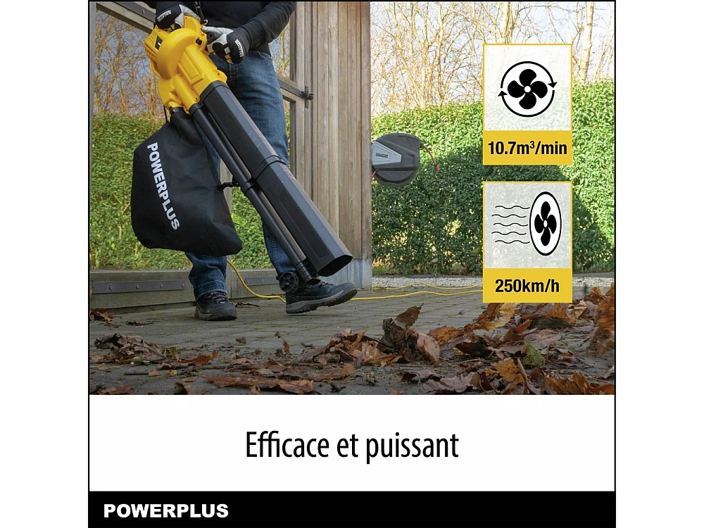Elektrischer Laubbläser/-sauger POWERPLUS POWEG4030 3300W, 250 km/h, 40L Sack, integrierter Häcksler