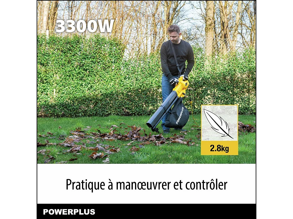 Elektrischer Laubbläser/-sauger POWERPLUS POWEG4030 3300W, 250 km/h, 40L Sack, integrierter Häcksler