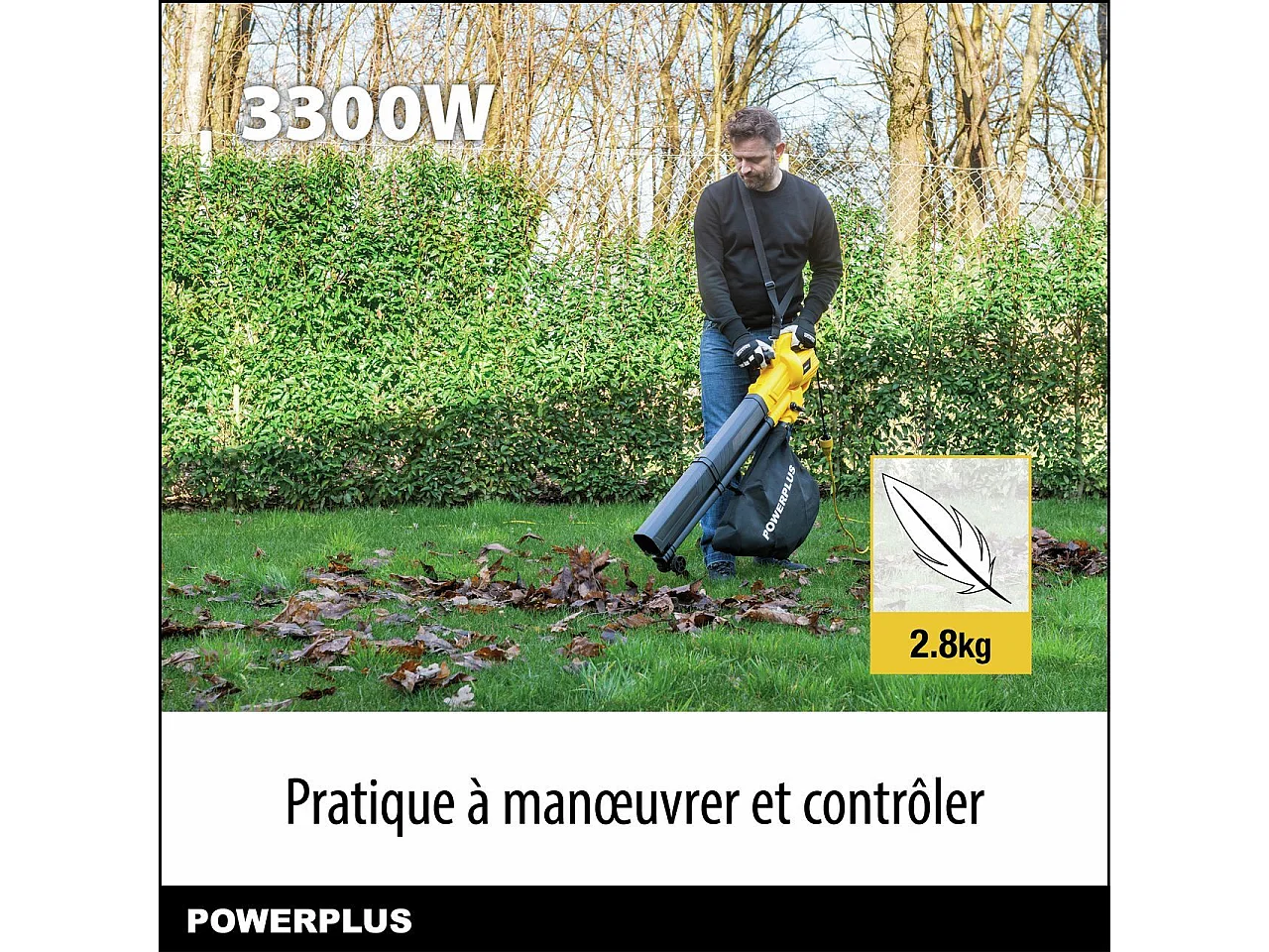 Elektrischer Laubbläser/-sauger POWERPLUS POWEG4030 3300W, 250 km/h, 40L Sack, integrierter Häcksler