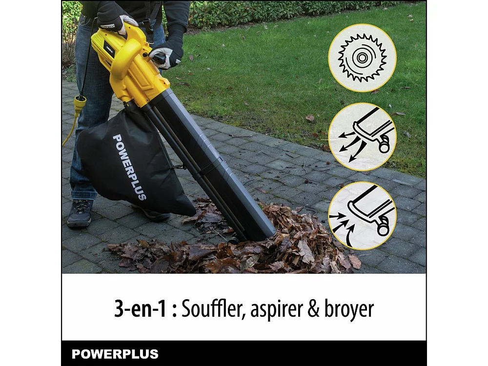 Souffleur de feuilles électrique - POWER PLUS - POWEG4030 - 3300 W - Vitesse d'air maximale de 250 km/h