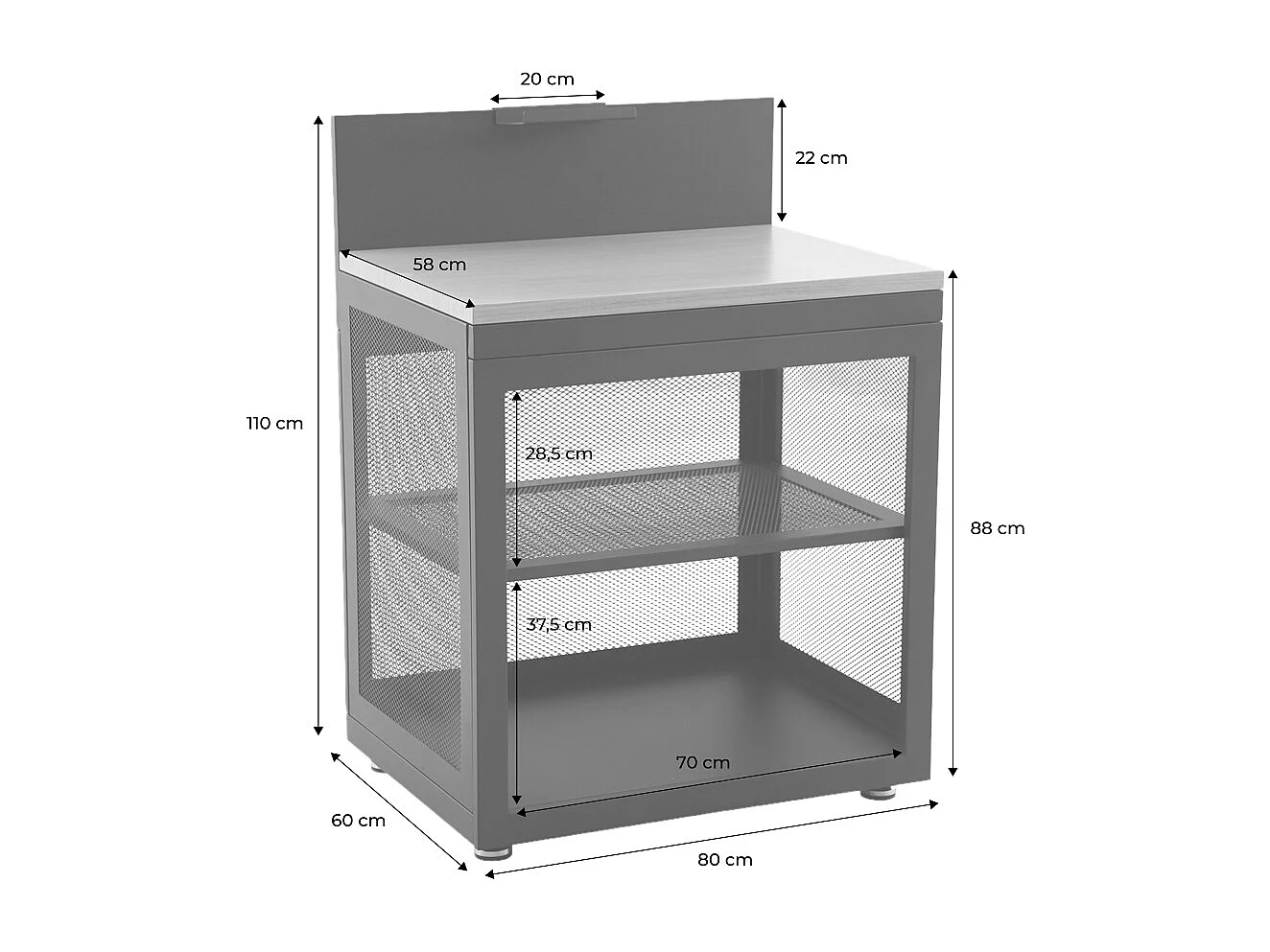 Cucina esterna acciaio e decorazione legno 1 ripiano, 80cm, nero