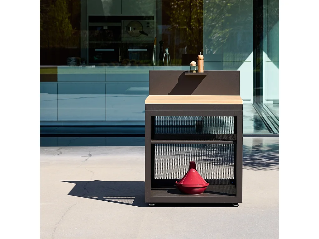 Cocina exterior de acero y decoración de madera 1 estante, 80cm negro