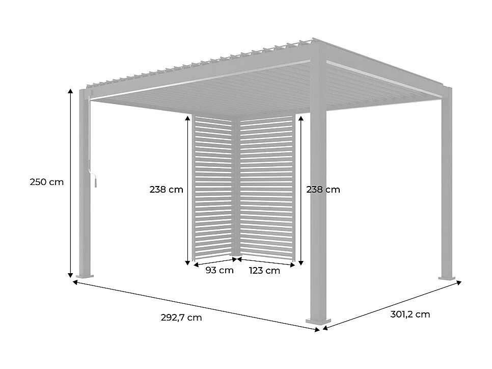 Pergola bioclimatique aluminium 4x3m anthracite + 1 persienne 100cm + 1 persienne 130cm Triomphe