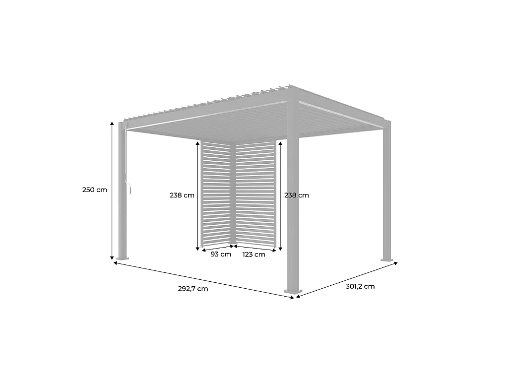 Pérgola bioclimática de aluminio 3x4m + 1 persiana 1m+ 1 persiana 1.3m