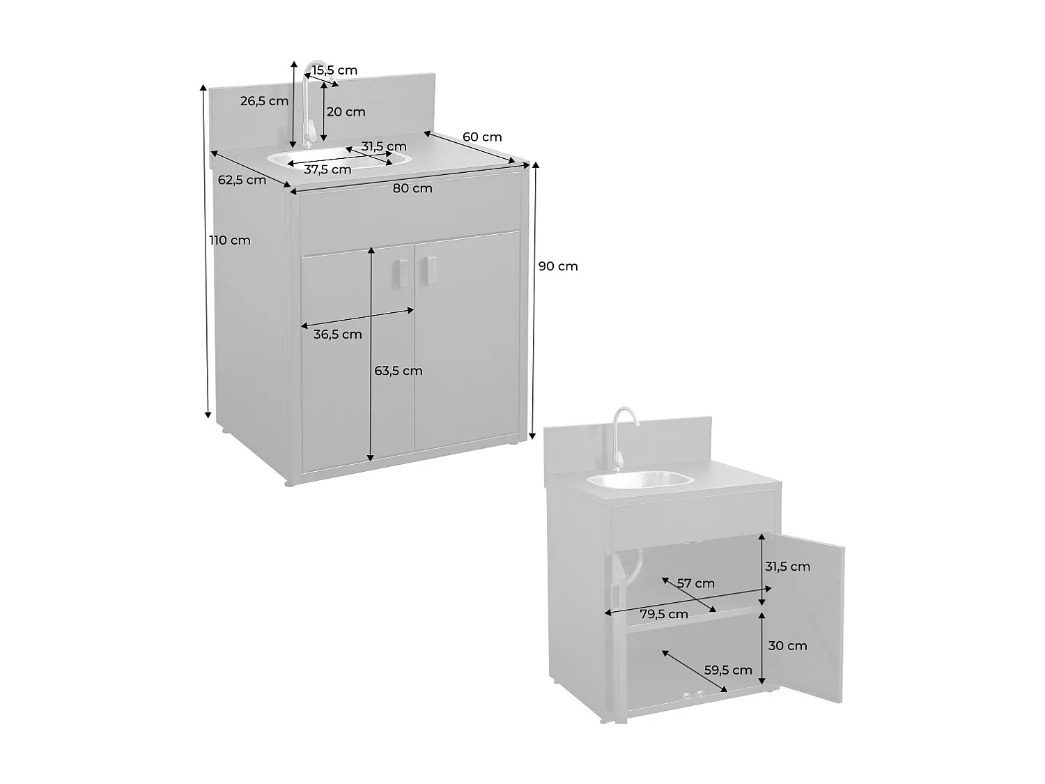 Cucina da esterno in acciaio con lavello e 2 ante, 80cm, nero