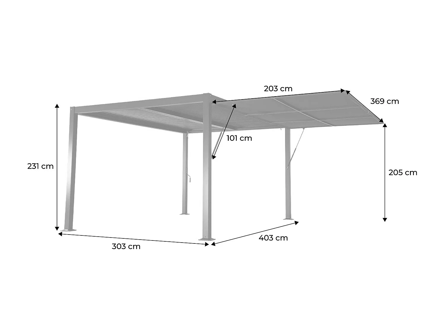 Pergola bioclimatique aluminium et acier 4x3m + auvent 4m anthracite Palace