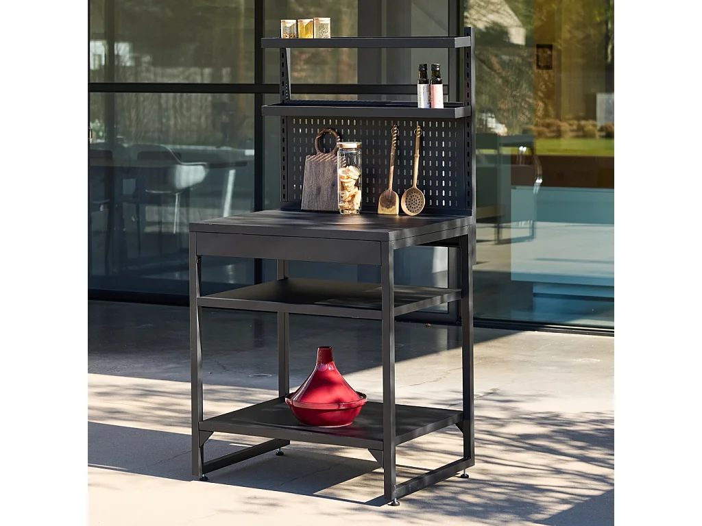 Cocina exterior de acero con 2 estantes, 2 bandejas y soporte mural,