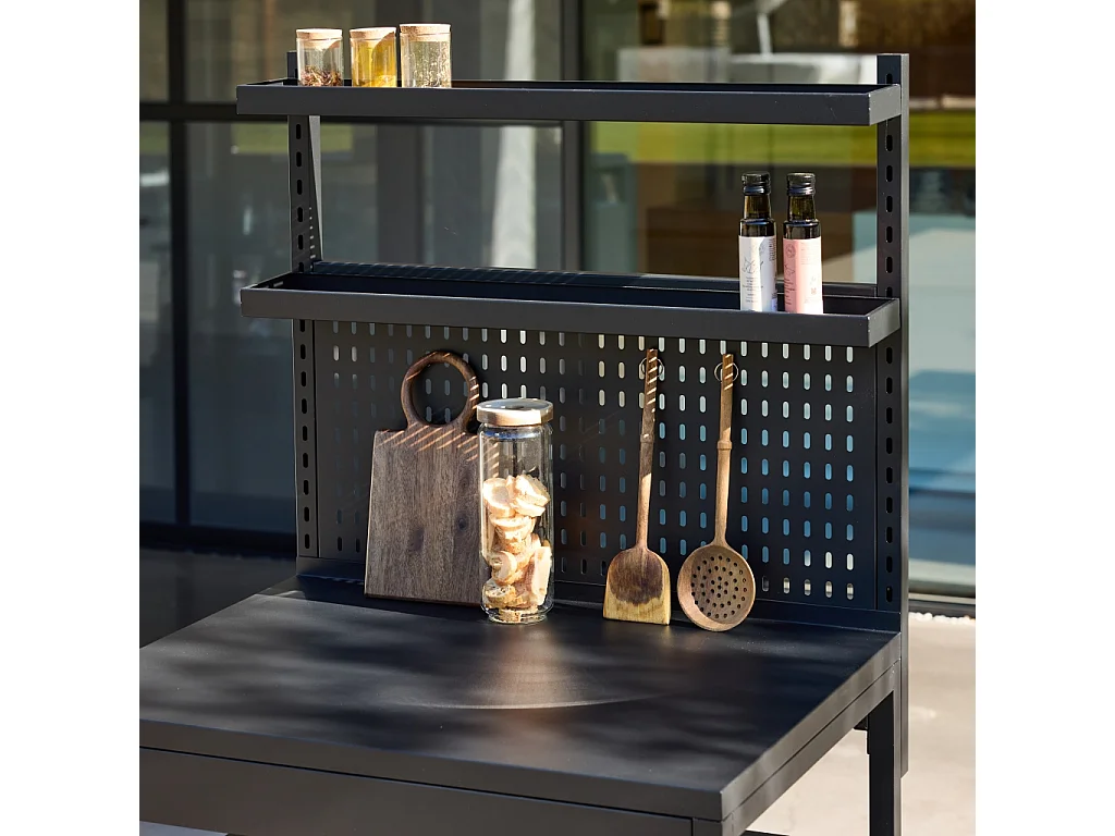 Cocina exterior de acero con 2 estantes, 2 bandejas y soporte mural,