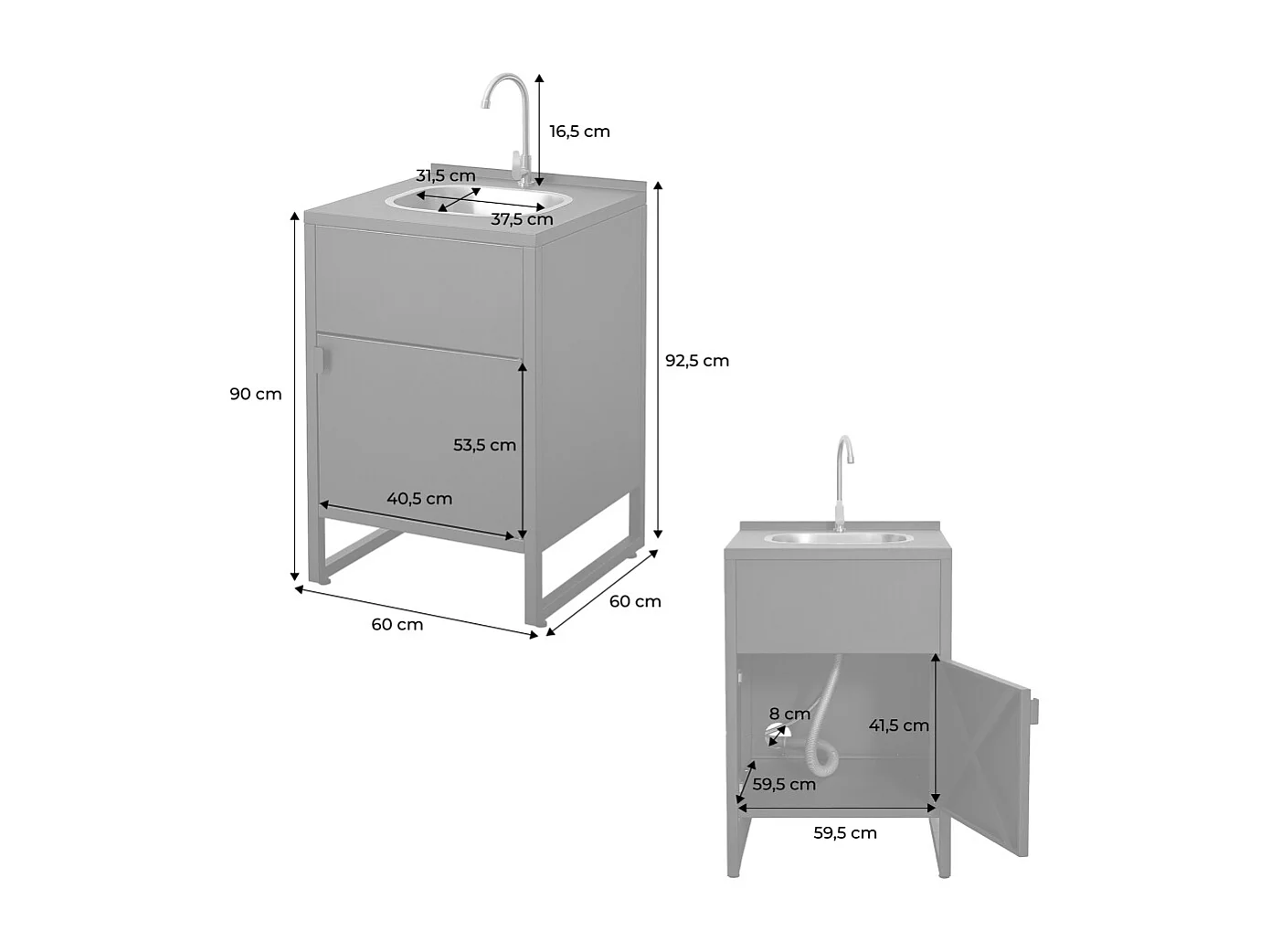 Cucina esterna in acciaio con lavello e 1 porta, 60cm, nero