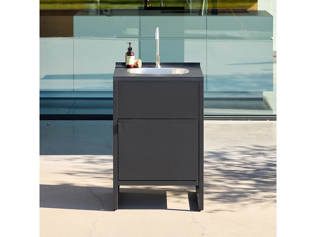 Módulo cocina exterior de acero con fregadero y 1 puerta, 60cm negro