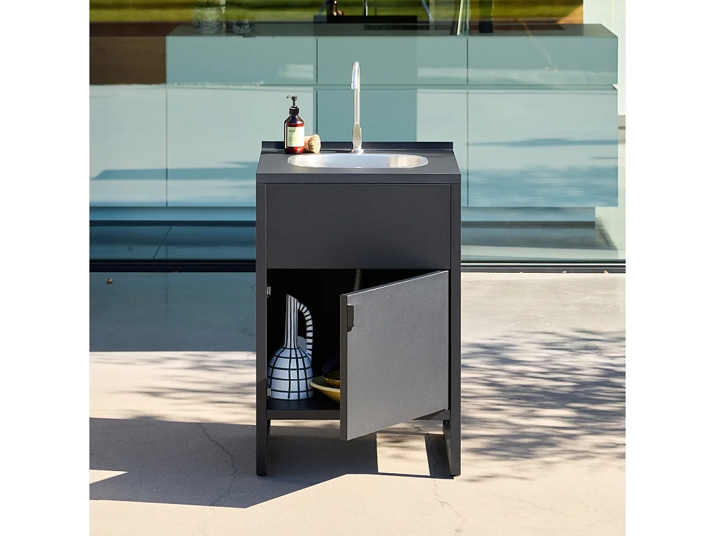 Módulo cocina exterior de acero con fregadero y 1 puerta, 60cm negro