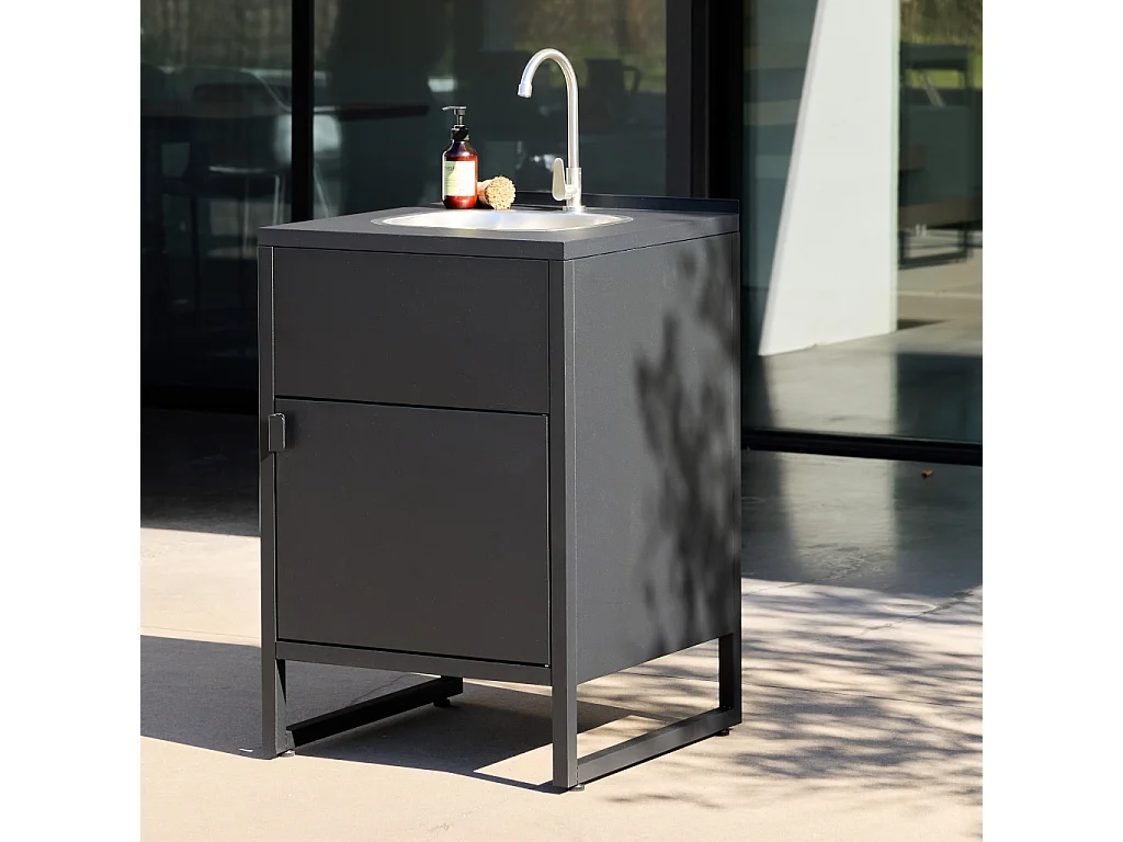 Módulo cocina exterior de acero con fregadero y 1 puerta, 60cm negro