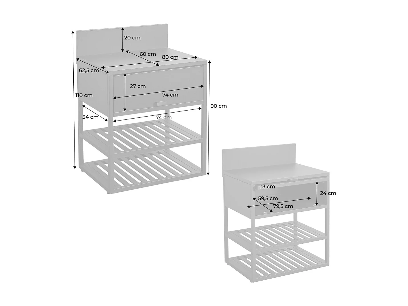 Cucina esterna in acciaio con 1 anta e 2 ripiani, 80cm, nero