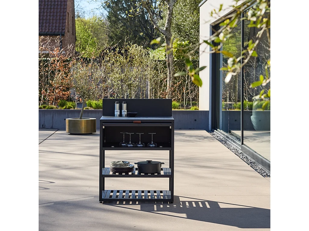 Cocina exterior de acero, 1 armario, 2 estantes, 80cm negro