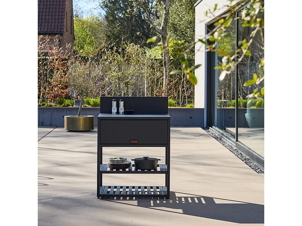 Cocina exterior de acero, 1 armario, 2 estantes, 80cm negro