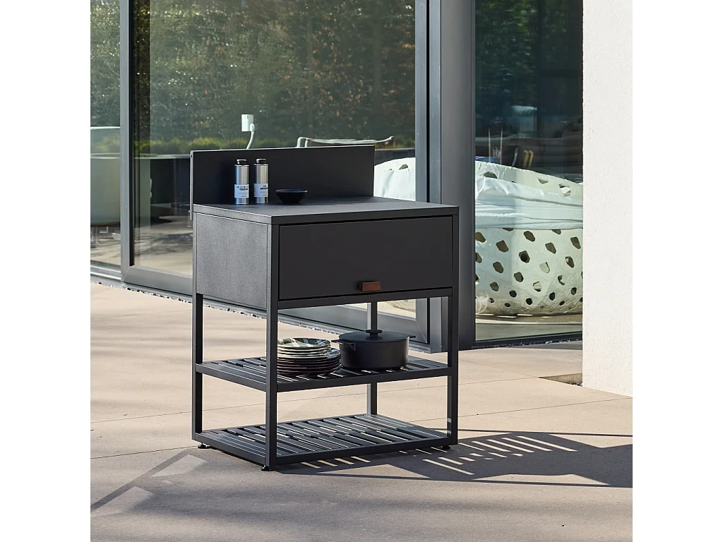 Cocina exterior de acero, 1 armario, 2 estantes, 80cm negro