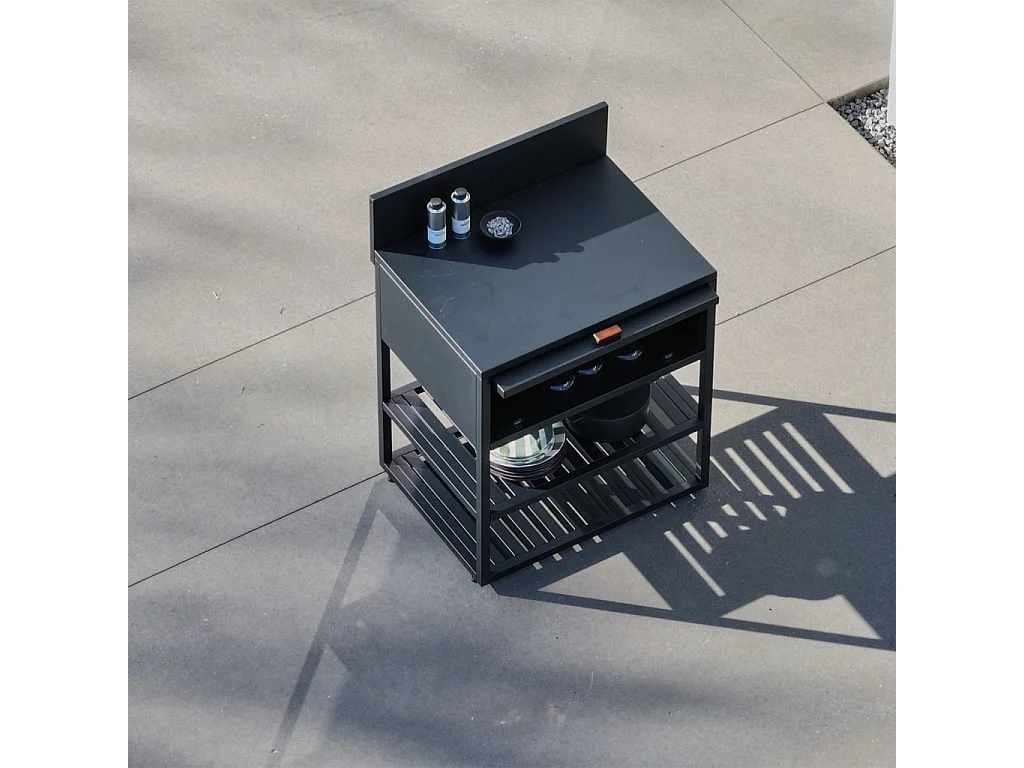 Cocina exterior de acero, 1 armario, 2 estantes, 80cm negro