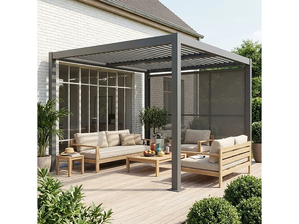 Pergola bioclimatique aluminium et acier 3x3m + auvent 3m anthracite Palace