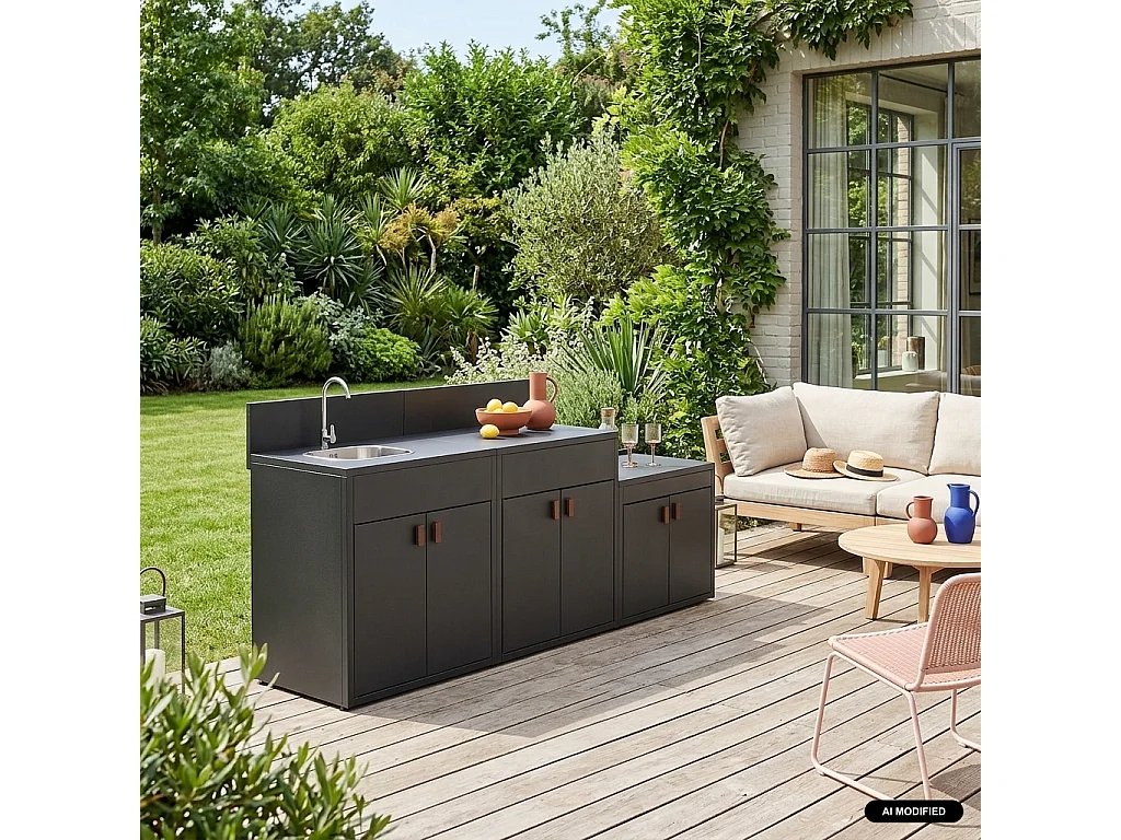 Cuisine extérieure 3 modules acier inoxydable noir - Thira