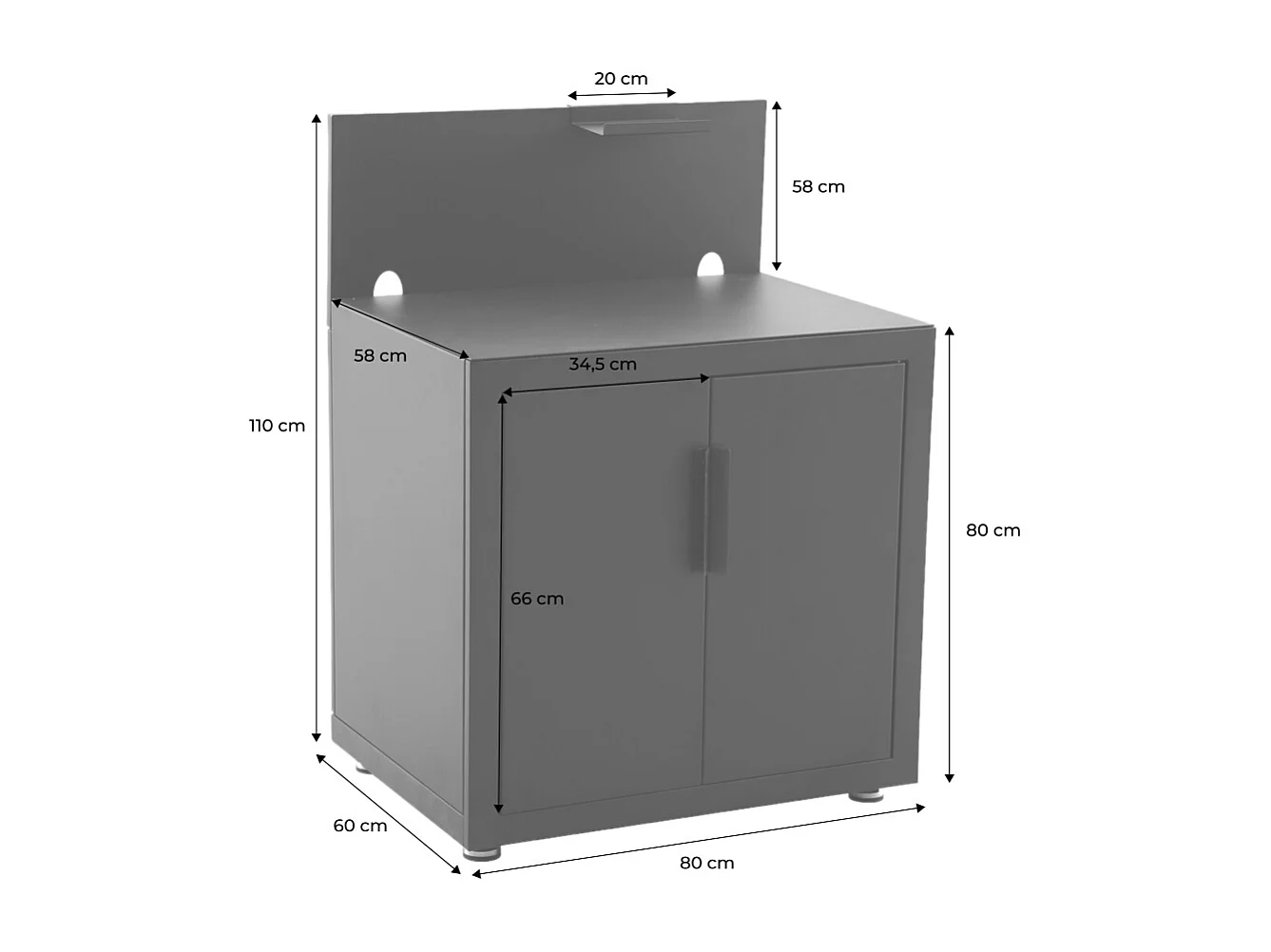 Cucina esterna in acciaio 2 porte 1 gancio, 80cm, nero