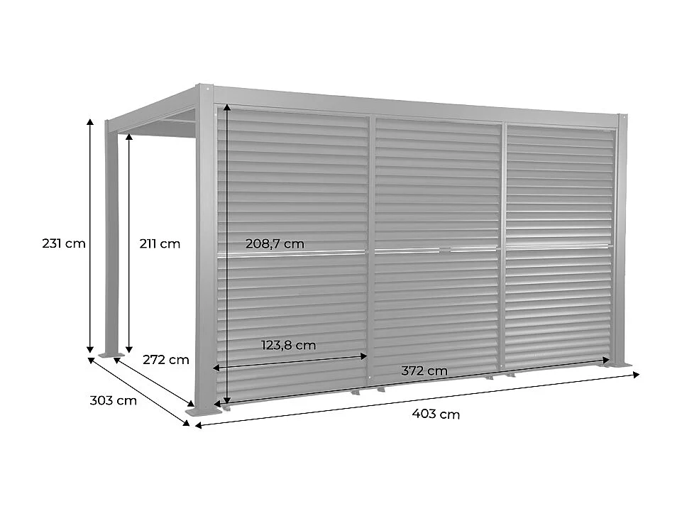 Pergola bioclimatica  3x4m in alluminio e acciaio + 3 persiane 1.3m