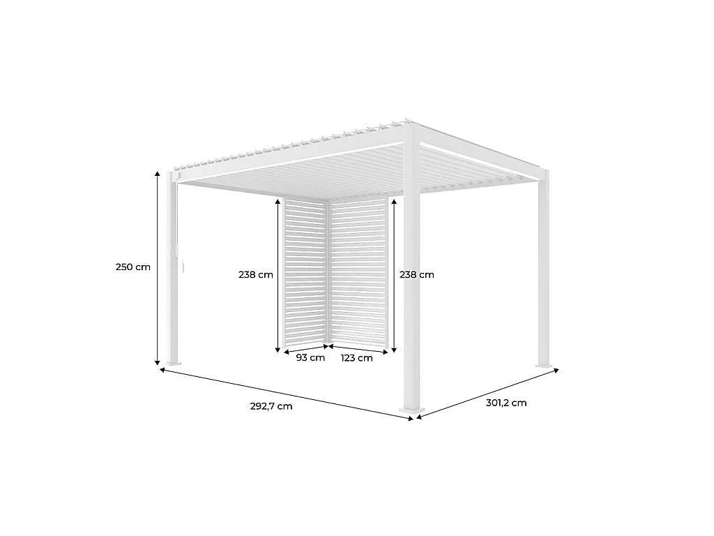 Pérgola bioclimática de aluminio 3x4m + 1 persiana 1m+ 1 persiana 1.3m