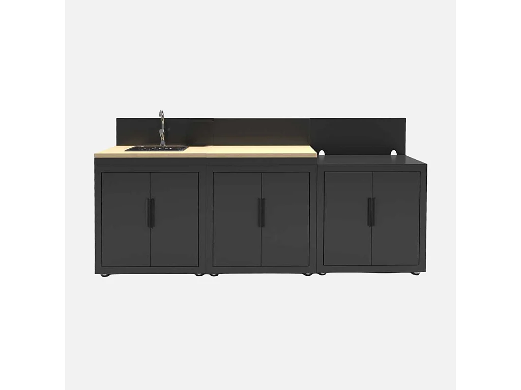 Cucina da esterno 3 moduli acciaio e decorazione in legno, nero