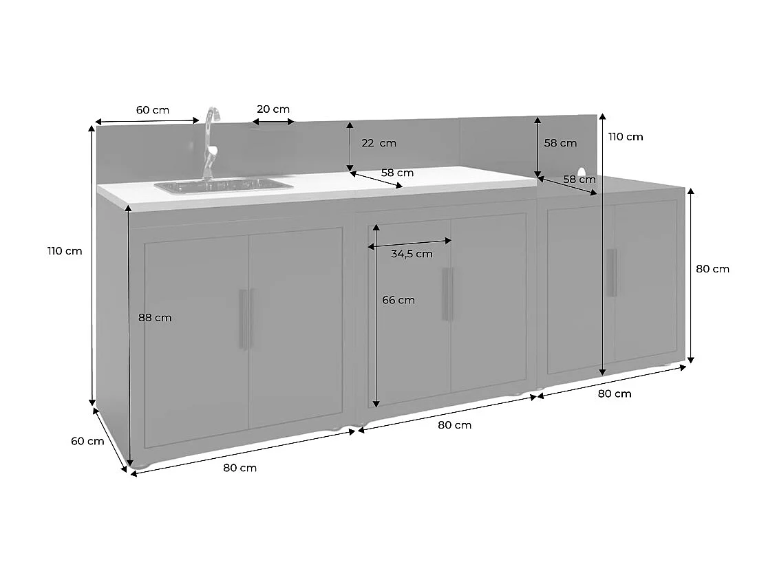 Cucina da esterno 3 moduli acciaio e decorazione in legno, nero