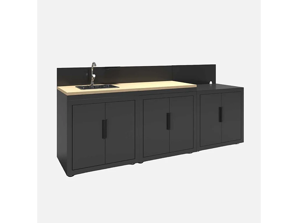 Cuisine d'extérieur 3 modules acier et décor bois avec évier noir - Milos