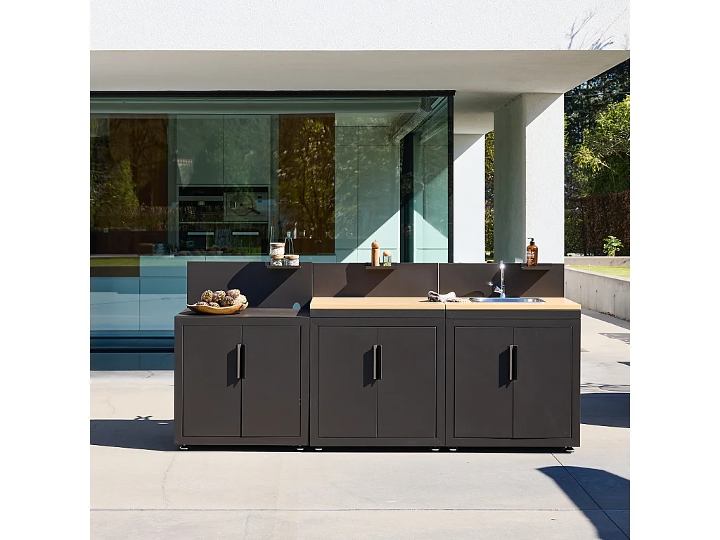 Cuisine d'extérieur 3 modules acier et décor bois avec évier noir - Milos