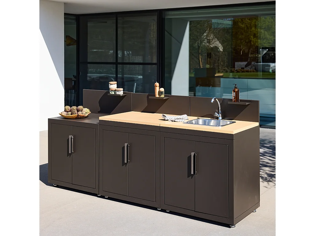 Cuisine d'extérieur 3 modules acier et décor bois avec évier noir - Milos