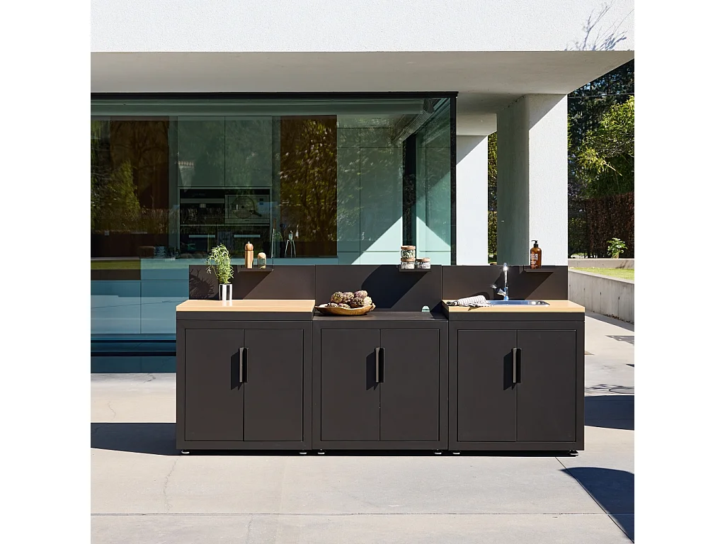 Cuisine d'extérieur 3 modules acier et décor bois avec évier noir - Milos