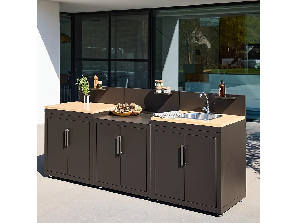 Cuisine d'extérieur 3 modules acier et décor bois avec évier noir - Milos