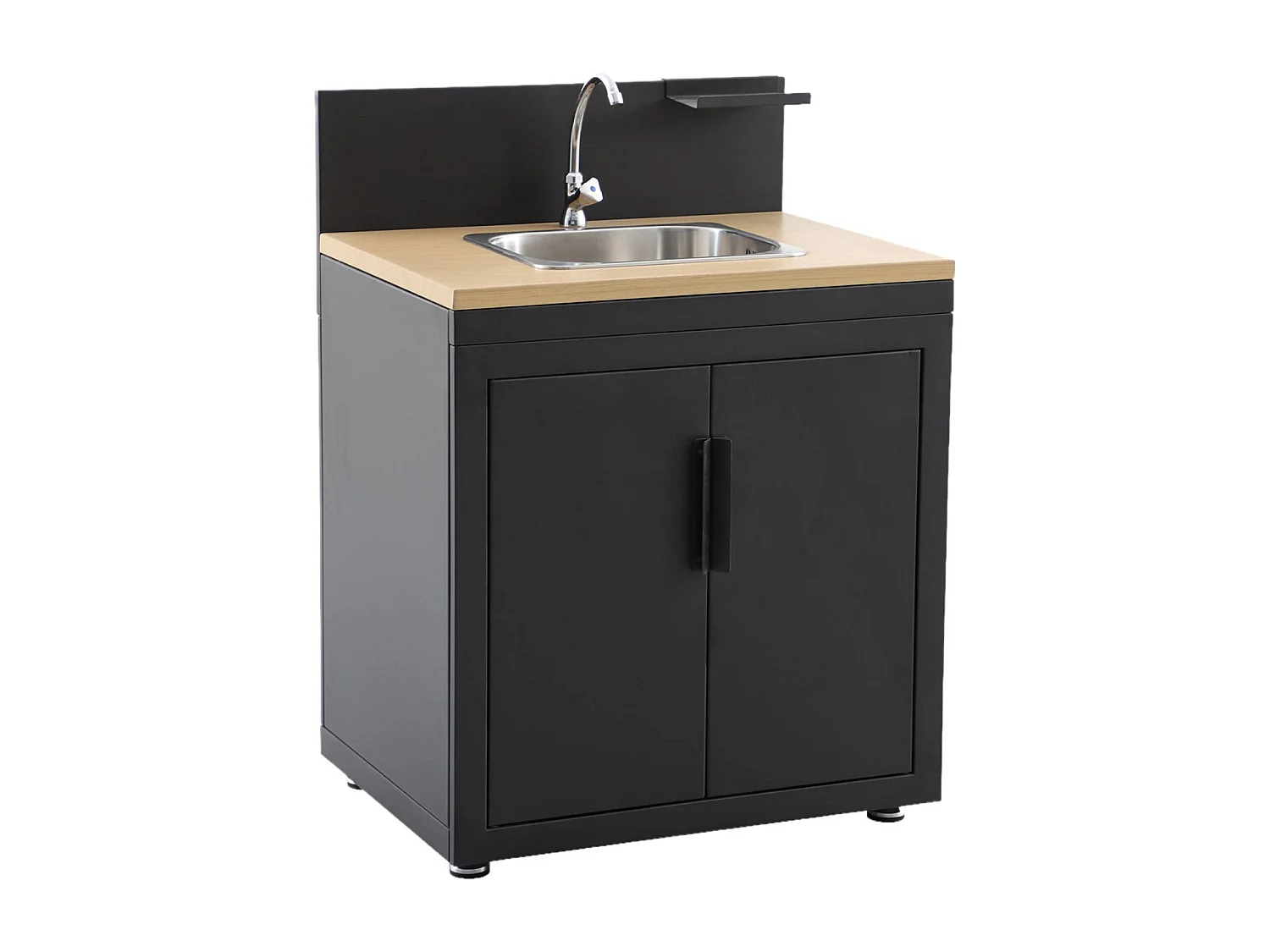 Cuisine d'extérieur 3 modules acier et décor bois avec évier noir - Milos