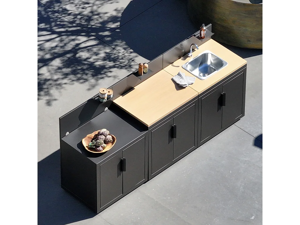 Cuisine d'extérieur 3 modules acier et décor bois avec évier noir - Milos