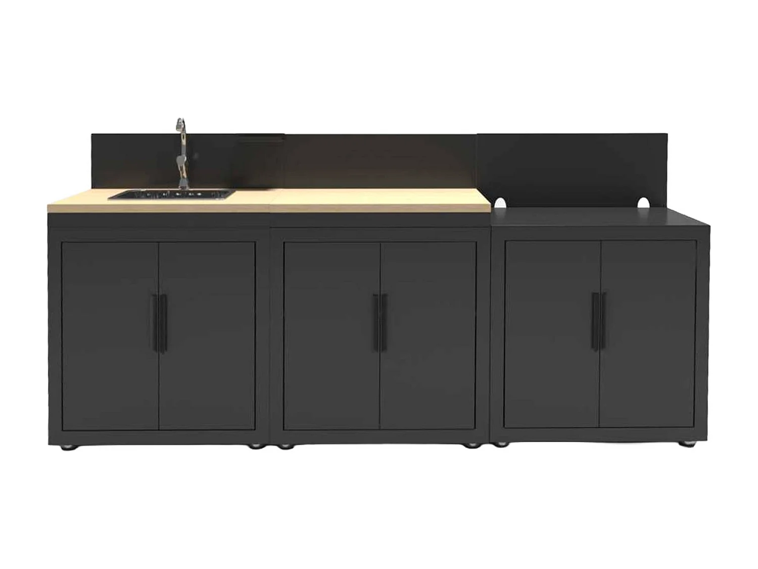 Cuisine d'extérieur 3 modules acier et décor bois avec évier noir - Milos