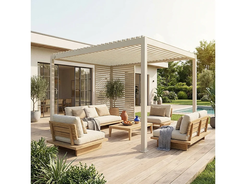 Pergola bioclimatique aluminium 4x3m beige + 1 persienne 100cm + 1 persienne 130cm Triomphe